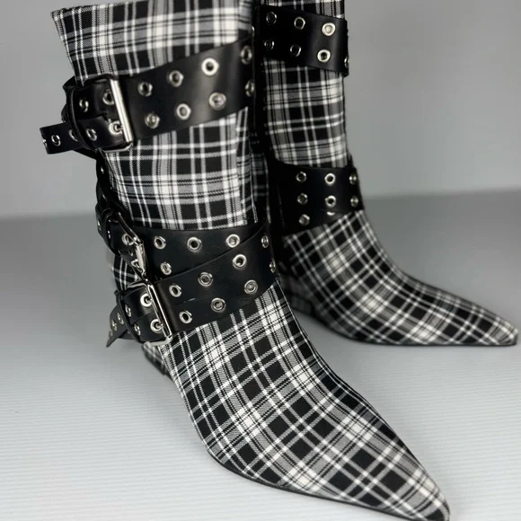 Azalea Wang “Chalkis”Plaid Ankle Boots with Buckle Accents - Picture 2 of 3